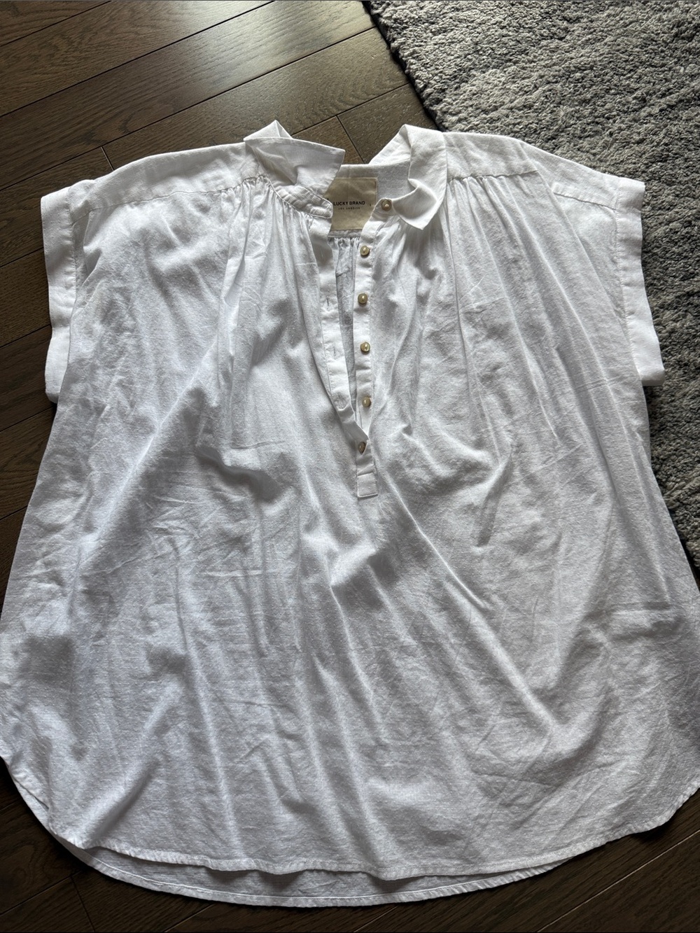 Women's White Short-Sleeve Button Henley Top, lightly textured